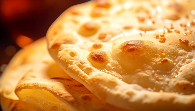 Baked naan texture. Macro shot highlighting the warm bubbly crust on freshly cooked flatbread.