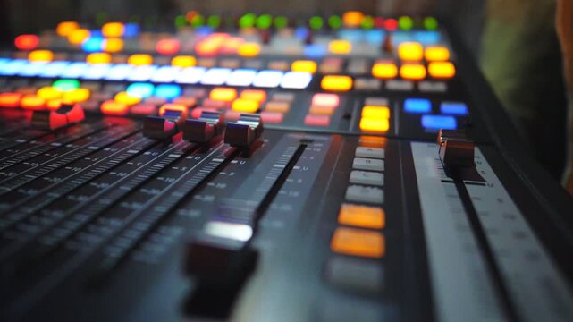 Close up of moving buttons on dj remote or soundboard. Professional sound equipment in recording studio. Blurred background with brightly glow keys. Musical player at night party. Dolly shot