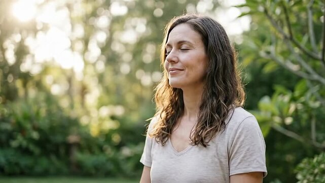 Woman calmly meditating outdoors on a wooden deck, embracing mindfulness for mental well-being, practicing relaxation, finding inner peace, experiencing tranquility in nature