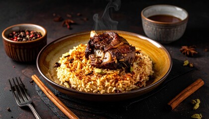 Fototapeta premium Braised lamb shank. Aromatic spiced rice pilaf topped with tender meat and roasted herbs.