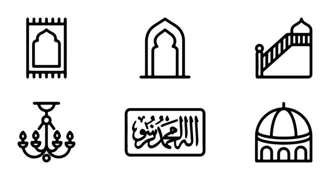 Islamic Icons Set: Prayer Rug, Archway, Minbar, Chandelier, Calligraphy, Dome