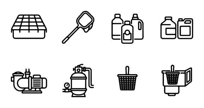 Pool Maintenance Icons: Pump, Filter, Skimmer, Chemicals, Basket, Grid Set