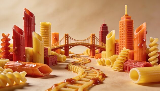 Vibrant Dopamine Miniature Pasta City with Colorful Rigatoni Skyscrapers and Fusilli Streets in Bold Red Orange Tones with Sauce Roads and Bridge, Playful Creative Italian Food Art Editorial