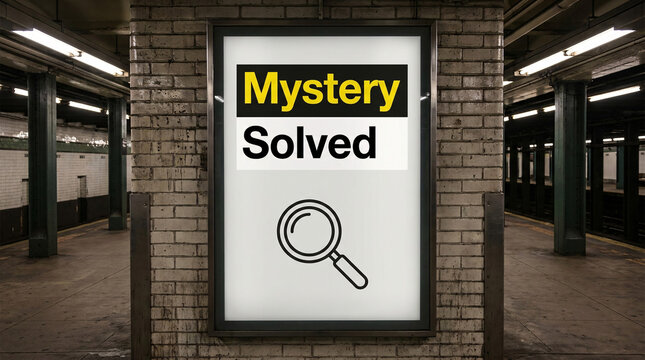 Vertical advertising light box billboard on a brick pillar in a subway station showing a "Mystery Solved" poster