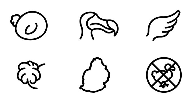 Dodo Bird Icons Set: Extinct Animal, Mauritius Map, Feather, Foot, Beak, No Dodo Symbol