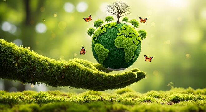 Lush green globe earth held in mossy hand symbolizing environmental protection and nature earth day environment
