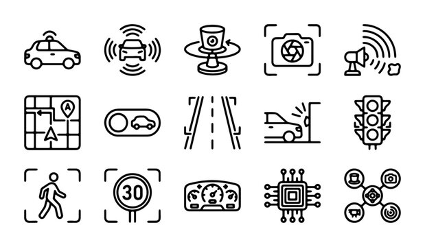 Autonomous Driving Icons, Self-Driving Car Technology Symbols, Smart Vehicle Features Vector Set