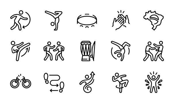 Capoeira Icons Set, Brazilian Martial Art Dance, Acrobatics, Music, Culture Vector Graphics