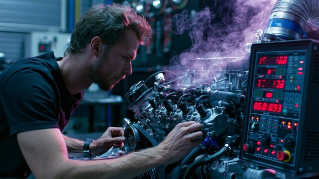 Medium shot of an engine undergoing performance tuning on a dynamometer highlighting the control panel exhaust setup and technician adjusting parameters.