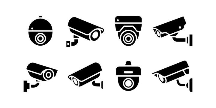 Surveillance camera icons set. showing various security equipment designs on white background.
