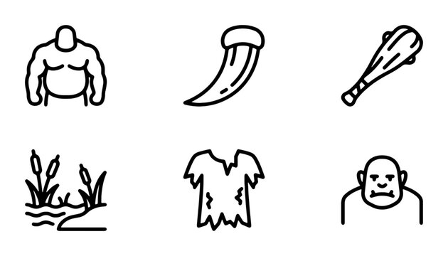 Mythical Creature Icons: Troll, Giant, Caveman, Club, Fang, Swamp, Primitive Apparel Vector Set