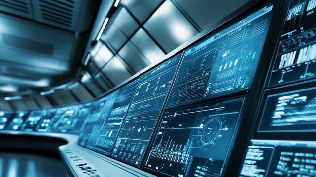 Curved console displays featuring glowing user interface elements, infographics, and analytical charts, illustrating complex data in a secure, high tech command center environment