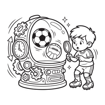 Young boy with magnifying glass examining intricate time machine with sports balls, gears, and clock elements, exploring concept of time and play.
