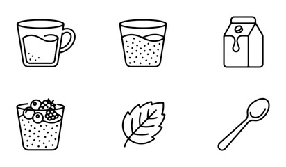 Beverage Icons: Coffee Mug, Water Glass, Milk Carton, Fruit Parfait, Mint Leaf, Spoon Set © MdZahirul