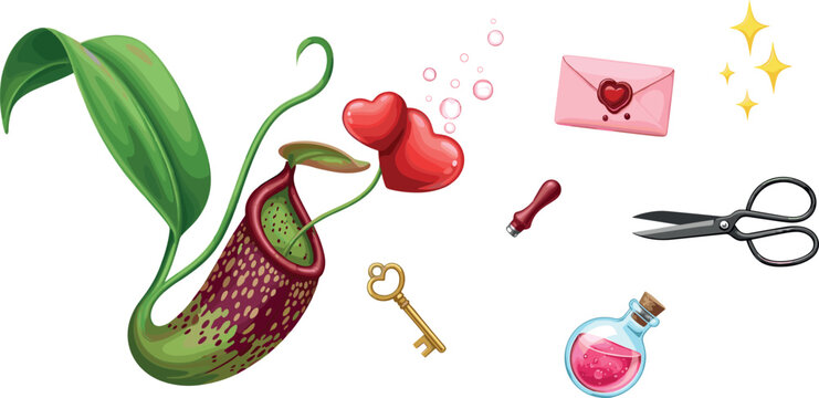 Tropical Pitcher Plant Vector Set with Flying Heart Shapes Love Letter Magic Potion Key and Scissors for Creative Valentine Design Layouts