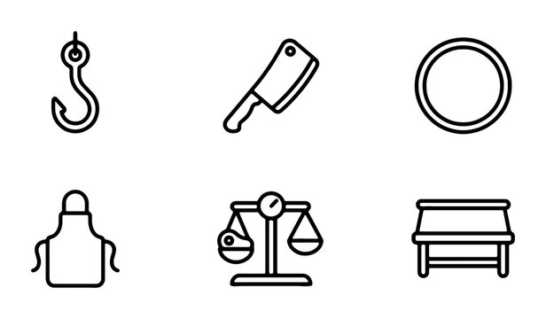 Butcher Shop Icons: Meat Hook, Cleaver, Scale, Apron, Ring, Table Vector Set