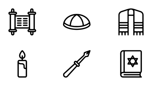 Jewish Religious Symbols Vector Icons Set: Torah, Kippah, Tallit, Candle, Yad, Star of David