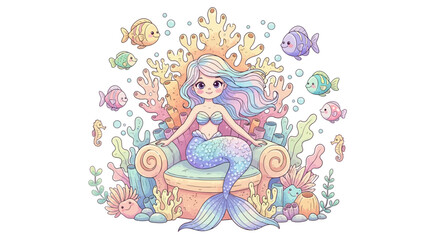Cute little mermaid sitting on a coral reef throne surrounded by colorful sea fish illustration © Irma