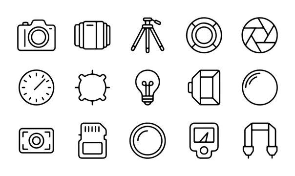 Photography Icons Set: Camera, Lens, Tripod, Light Meter, SD Card, Aperture, Bulb