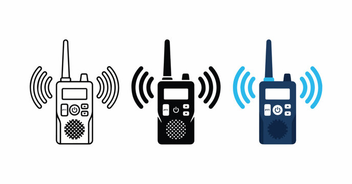 Walkie talkie radio icon set, portable transceiver communication vector template in line and flat styles.