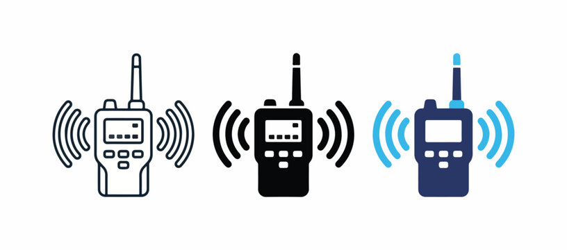 Walkie talkie radio icon set, portable transceiver communication vector template in line and flat styles.