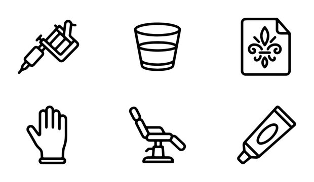 Tattoo Studio Icons: Machine, Chair, Glove, Ink, Glass, Stencil Vector Set