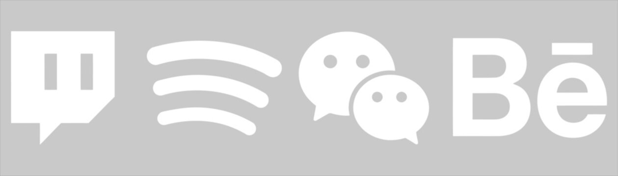 Set of popular social media white flat minimalist logos including twitch spotify wechat and behance isolated on grey background