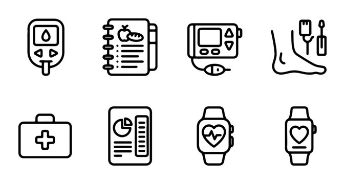 Diabetes Care Icons: Glucose Meter, Insulin Pump, Health Tracker, Medical Kit, Nutrition Log
