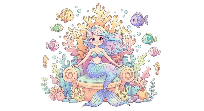 Cute little mermaid sitting on a coral reef throne surrounded by colorful sea fish illustration