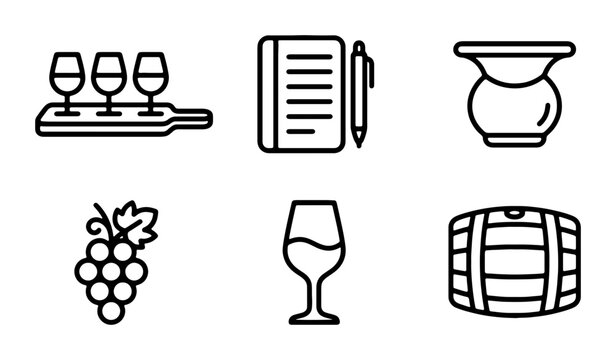 Wine Tasting Icons Set, Grape Vine, Barrel, Glassware, Notebook, Vector Graphics