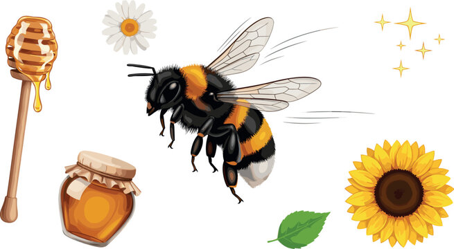 Detailed Bumblebee and Organic Honey Vector Illustration Set with Honey Jar Wooden Dipper Sunflower Chamomile and Sparkle Elements