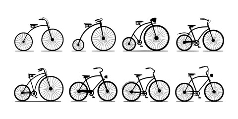 Obraz premium Bicycles vintage set with different styles and designs featuring retro, classic, transportation with bike and cycling elements for black and white,
