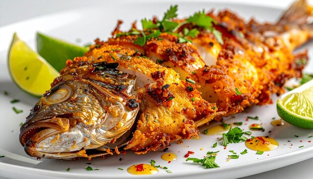 Golden spiced fried whole fish. Delicious crispy seafood dinner featuring tender white meat and fresh cilantro.