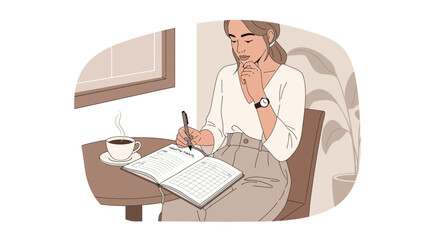 Fototapeta premium Woman writing in planner at cafe with coffee, planning, journaling, working remotely