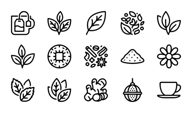 Tea Icons Set: Leaves, Tea Bags, Cup, Ginger, Infuser, Powder, Flower, Seeds