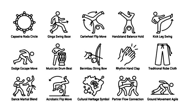 Capoeira Icons Set: Martial Arts, Dance, Acrobatics, Music, and Culture Symbols
