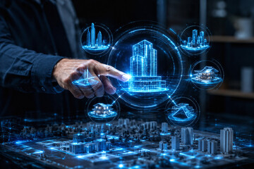 Fototapeta premium Architect Touching Futuristic Holographic Architecture Interface