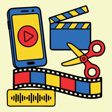 Creative linear icon showing smartphone screen with video editor timeline clapperboard scissors and color film strip for digital media content production concept