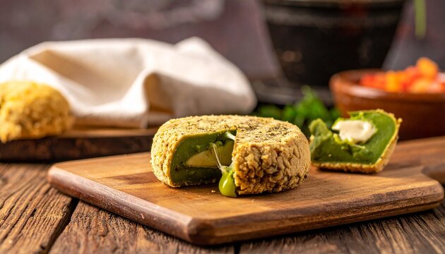 Spinach cheese pastry snack. Homemade p&atilde;o de queijo com espinafre cut in half showing melted cheese inside on rustic table. Healthy vegetarian breakfast.