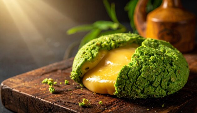 Green cheese bread bun. Delicious Brazilian p&atilde;o de queijo com espinafre stuffed with hot gooey melted mozzarella cheese on wooden board. Savory bakery snack.