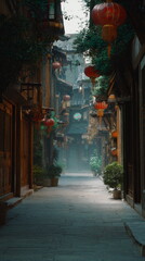 Fototapeta premium Red lanterns glowing through rainfall create festive night scenery with colorful lights, cultural ambiance, sparkling reflections and cozy atmosphere.
