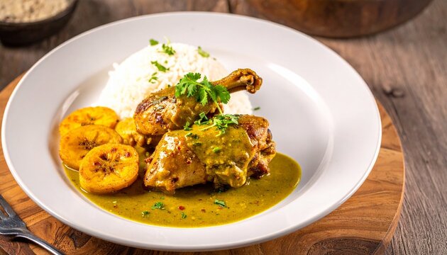 Authentic seco de pollo plate. Coriander chicken stew served alongside white rice and fried plantain. Delicious South American dinner. 