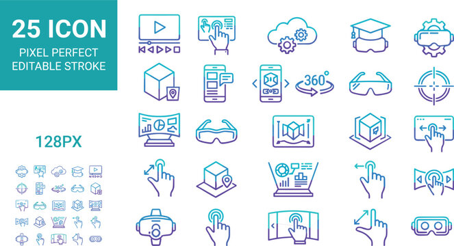Augmented reality outline icon set with virtual reality headset interaction education cloud and immersive technology symbols vector