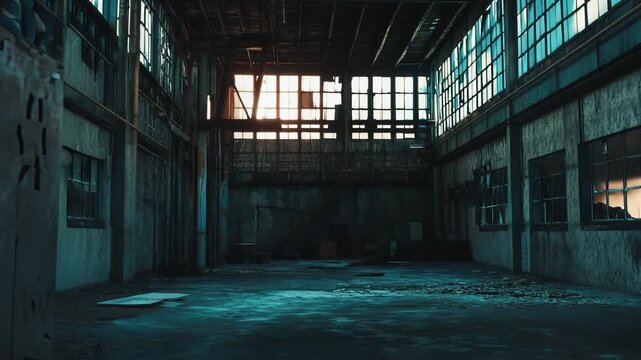 Abandoned industrial warehouse interior with decay, showing vast empty space, large windows, and sunlight beams illuminating dusty floor, evoking urban grunge and forgotten industry