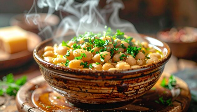 Hot fava beans. Authentic egyptian foul mudammas served piping hot in a rustic ceramic bowl with herbs.