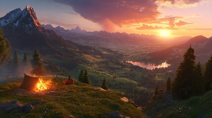 Obraz premium Mountain sunset campfire scene