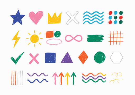 Funky crayon drawn geometric shapes and doodle lines. Black color Basic geometric shapes, dots, playful pattern, primitive forms and figures. vector illustration