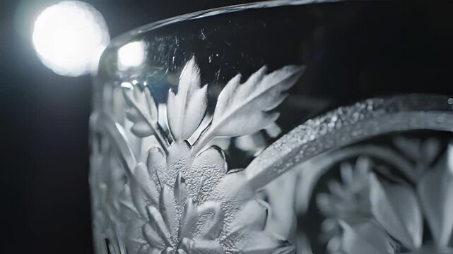 Closeup of an intricately carved glass vase with floral patterns illuminated by soft light.