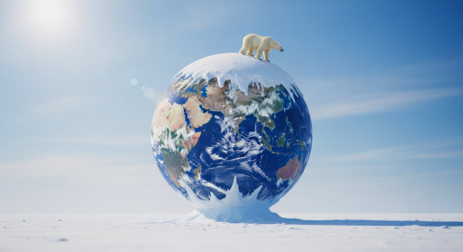 Polar bear on melting earth globe, standing on ice, sunny blue sky background