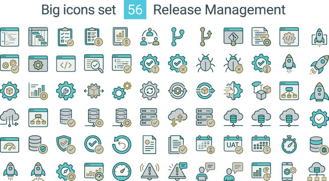 Release management outline icon set with software deployment testing cloud updates workflow and system automation symbols vector